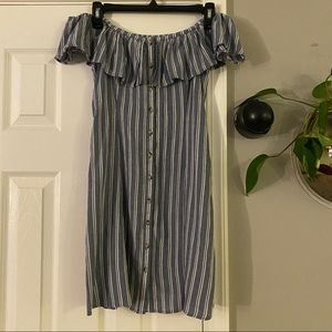 American Eagle Off The Shoulder Ruffle Sleeve Boho Stripe Dress Blue White XS